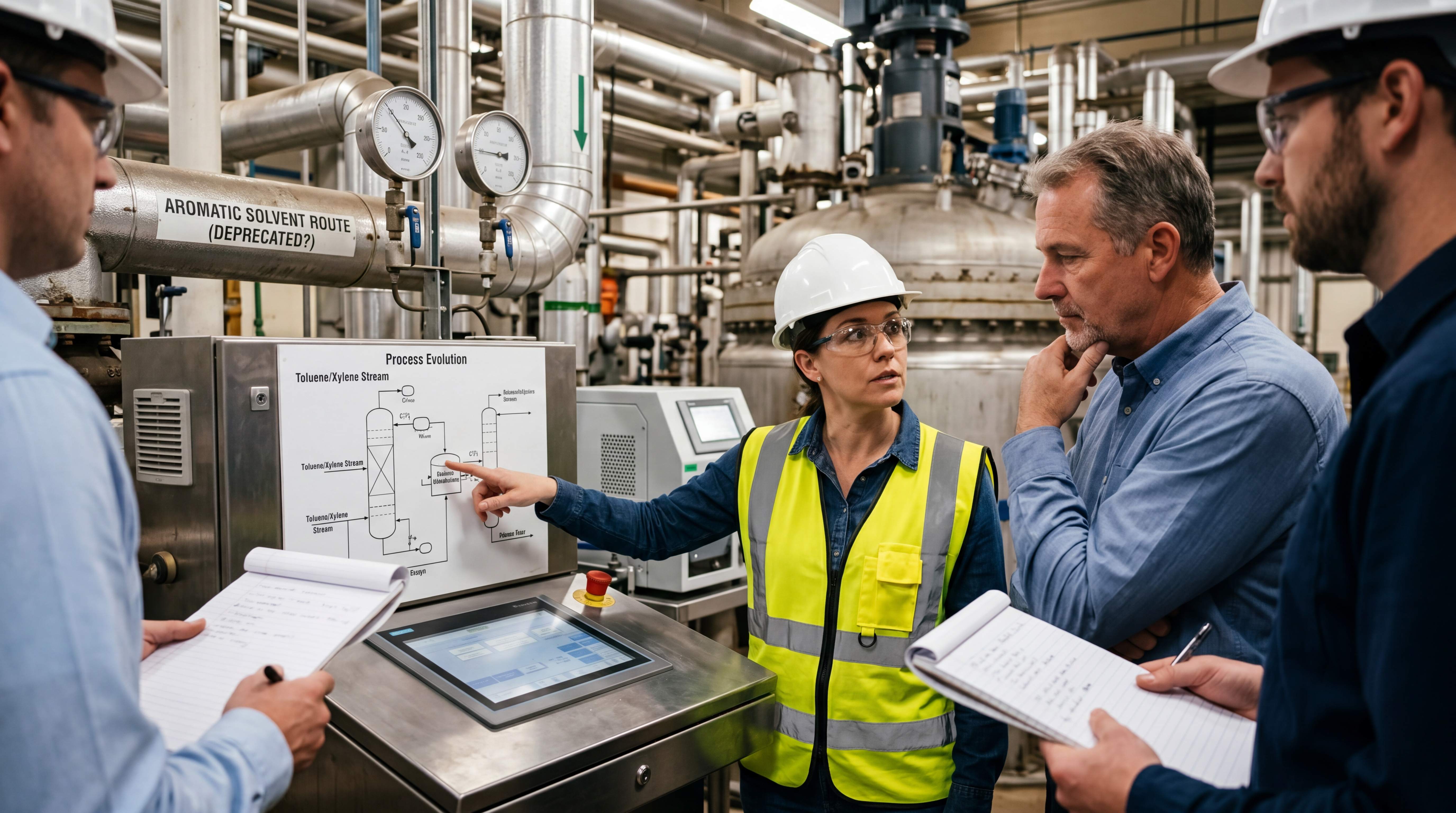 Engineering team reviewing process evolution for toluene and xylene replacement with a dearomatized hydrocarbon solvent route